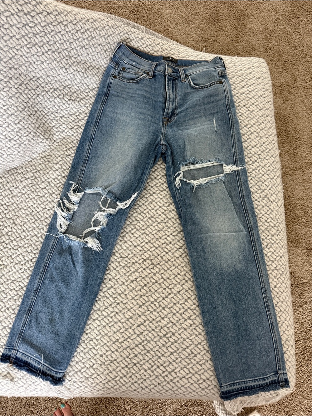 7 For All Mankind Distressed Medium Blue Cropped Jeans